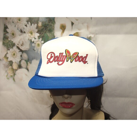 Vintage Dollywood Trucker Hat Butterfly Logo Blue Beige Mesh Snap Back Cap RARE - Picture 5 of 7